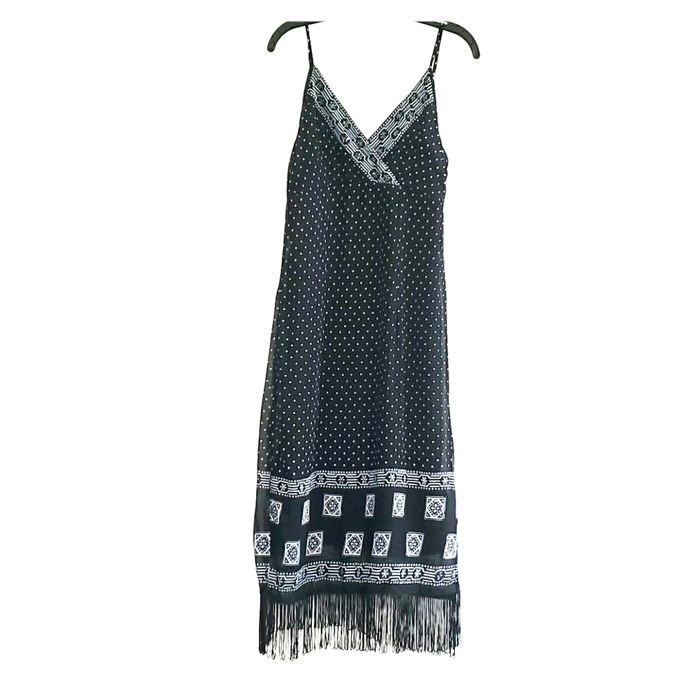 Black spaghetti strap polkadot dress with fringe